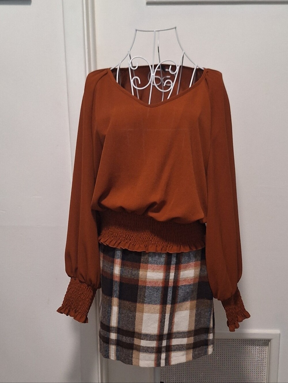 SHEIN Women's Large Long Sleeve Top And XL Plaid Skirt Set